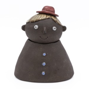 Front (happy) view of two-faced stoneware container