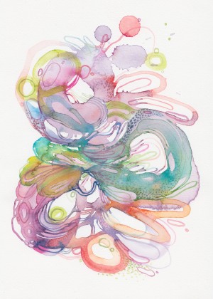 Abstract watercolor painting with organic shapes, predominantly pink and orange