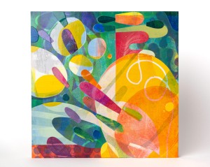 Collage of gelatin printed cut-outs mounted on a wooden panel