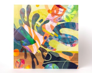 Collage of gelatin printed cut-outs mounted on a wooden panel