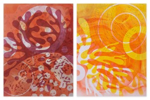 Three-color monotypes featuring organic shapes
