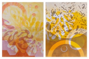 Three-color monotypes featuring organic shapes